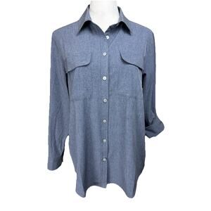 Lands' End Women's Button Up Shirt Sz M/P Stretch Pockets Denim Look